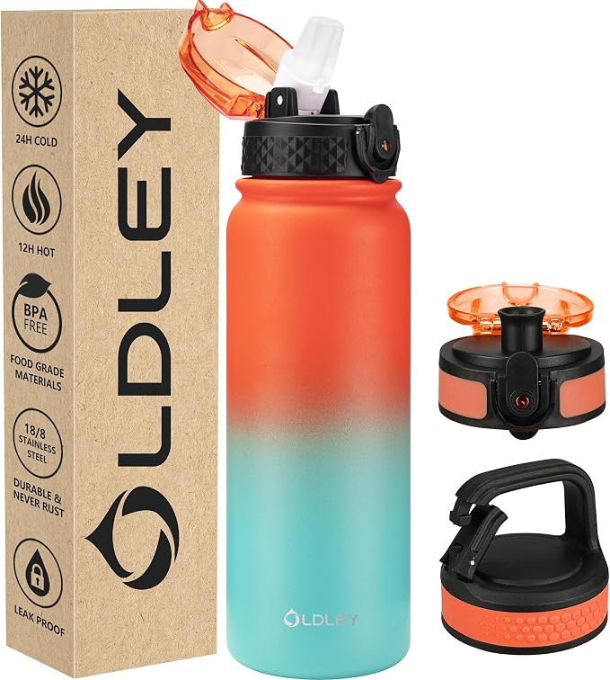 Oldley Insulated Water Bottle 20oz Water Bottles with Straw, Stainless Steel Water Bottle with 3 Lids, Double Wall Vacuum Bottels for Adults School Kids,Leak-Proof Sport Bottles, Ombre Orange-green