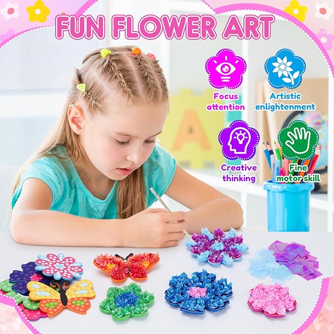 MUNDIDO Poke in Fun Art Flower Bouquet, Mess Free Paper Craft Kits for Kids, DIY Creative Activity Gifts for 6 7 8 9 10 Year Old Girls, Birthday Gifts for Girls Boys Age 5-12