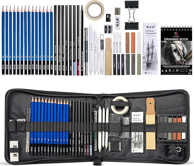 H & B 50 PCS Pro Drawing Set Sketching Kit, Art Kit with Drawing Pencils for Sketching, Graphite and Charcoal Pencils & Sketch Book Set, Art Supplies for Adults and Artists