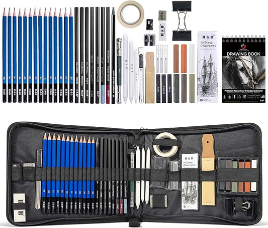 H & B 50 PCS Pro Drawing Set Sketching Kit, Art Kit with Drawing Pencils for Sketching, Graphite and Charcoal Pencils & Sketch Book Set, Art Supplies for Adults and Artists