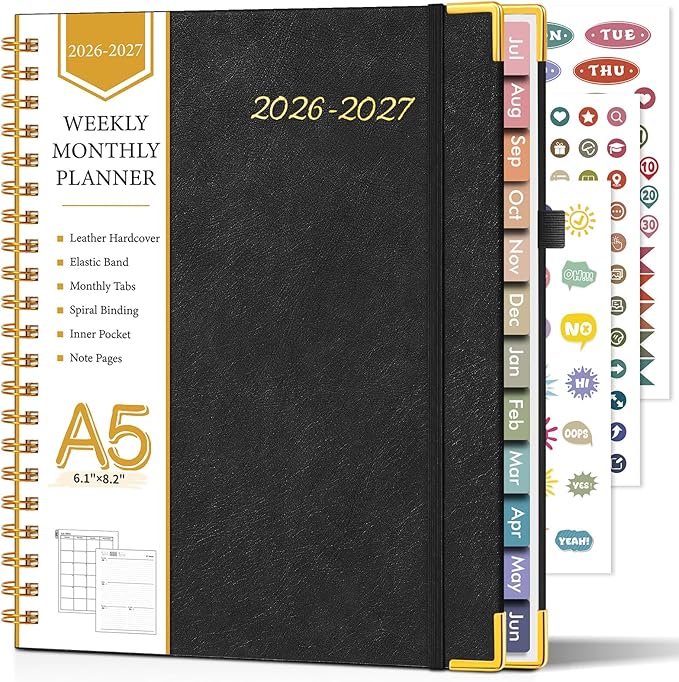 Academic Planner 2026-2027, Hardcover Leather Weekly and Monthly Calendar Planner from July 2026 - June 2027, A5 6.1" x 8.2" Daily Agenda with Tabs, College School Organizer for Student Teacher, Black