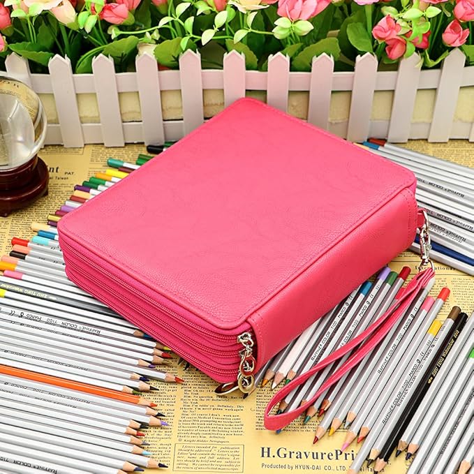 BTSKY Deluxe PU Leather Pencil Case For Colored Pencils - 120 Slot Pencil Holder with Handle Strap Handy Colored Pencil Box Large (Rose Red)