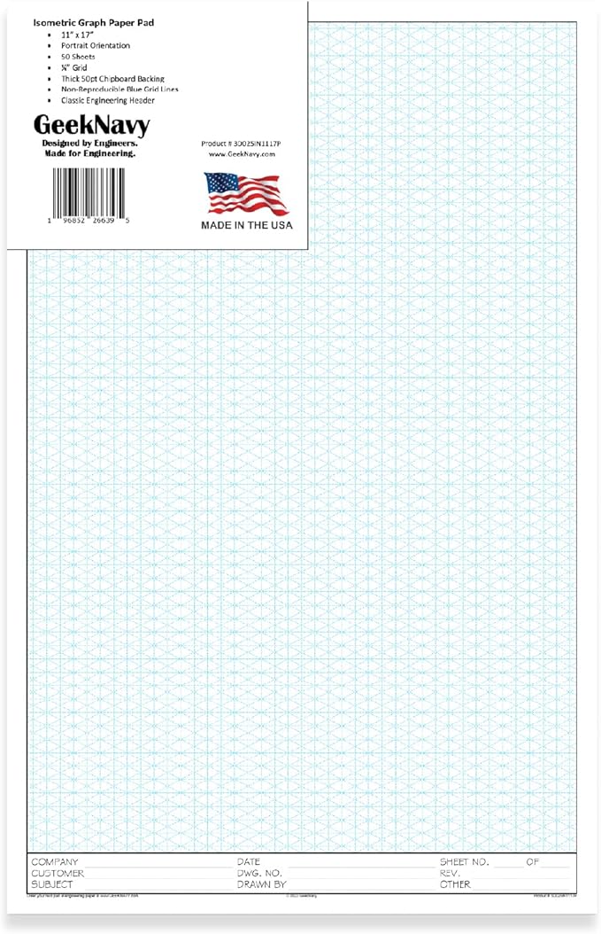 GeekNavy 11" x 17" Isometric Graph Paper 50 Sheets Portrait - 0.25" Grid, Non-photo Blue, High Brightness, Drafting, Engineering, Art, 3D Design (1-Pack)