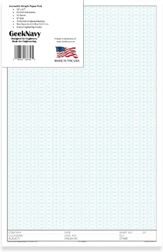 GeekNavy 11" x 17" Isometric Graph Paper 50 Sheets Portrait - 0.25" Grid, Non-photo Blue, High Brightness, Drafting, Engineering, Art, 3D Design (1-Pack)