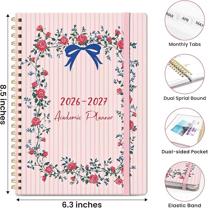 Planner 2026-2027, Hardcover Monthly and Weekly Academic Planner July 2026 - June 2027, Teacher and Student Calendar Agenda Book with Tabs, A5 (6.3" x 8.5"), Ideal for School and Office, Ribbon Wreath