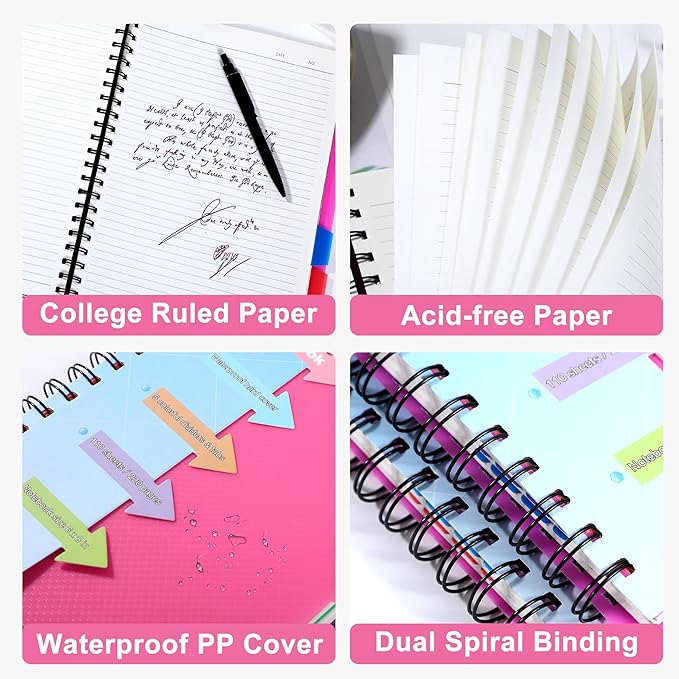CAGIE 5 Subject Notebook 8.5 x 11，A4 Spiral Notebooks College Ruled Spiral Notebook with Dividers Tabs，220 Pages Lined Spiral Notebook for Note Taking, School, Work, Pink