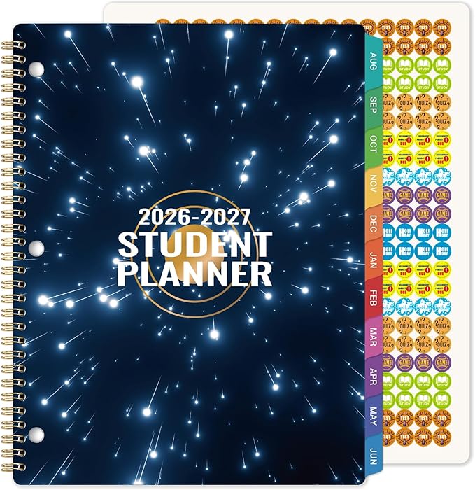 Student Planner 2026-2027 - August 2026 - June 2027, Weekly & Monthly planner for Students 11"x 8.3", Flexible Cover, Strong Golden Binding, Printed Tabs, with Stickers