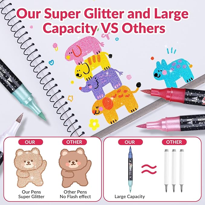 KEMYR Glitter Effect Brush Markers Pens,48 Colors Dual Tip Glitter Pens Set 24 Pack Metallic Sparkle Markers for Cards, DIY Crafts, Doodle, Writing, Adults Coloring Books, Art Supplies Scrapbooking