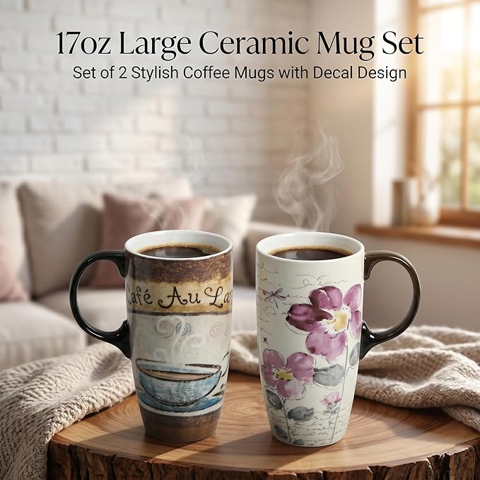 Topadorn 2-Pack 17oz Ceramic Travel Coffee Mugs with Lids & Handles, Floral Vintage Coffee Cups, Microwave & Dishwasher Safe, Gift Box Set