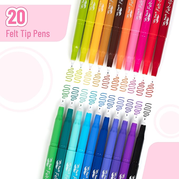 Mr. Pen- Felt Tip Pens, 20 Pack, 0.7 mm, Colorful Felt Tip Pens, Fast Dry, No Smear, Planner Markers for Underlining, Writing, Drawing, Journaling Supplies