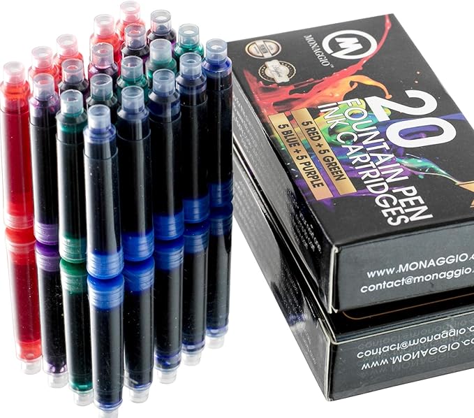 MONAGGIO Extra Ink Cartridges for Most Fountain Pens: 20 Refill Cartridges (5 Red, 5 Green, 5 Blue, 5 Purple) - Calligraphy, Fountain Style, Fine Point, Non-Toxic