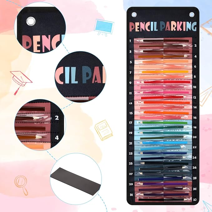 Sabary Pencil Parking Pocket for Classroom,Hanging Pencil Holder Wall Organization Numbered pencils Dispenser with Magnetic Strip Grommets for Back to School Student Essentials(Bohemian)