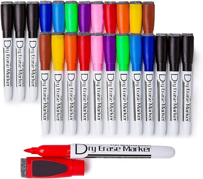 Volcanics Magnetic Dry Erase Markers With Eraser Fine Tip Low Odor Thin Whiteboard Markers for Small White Board Markers Dry Erase Pack of 24,10 Colors