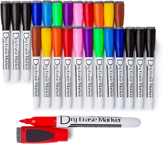 Volcanics Magnetic Dry Erase Markers With Eraser Fine Tip Low Odor Thin Whiteboard Markers for Small White Board Markers Dry Erase Pack of 24,10 Colors