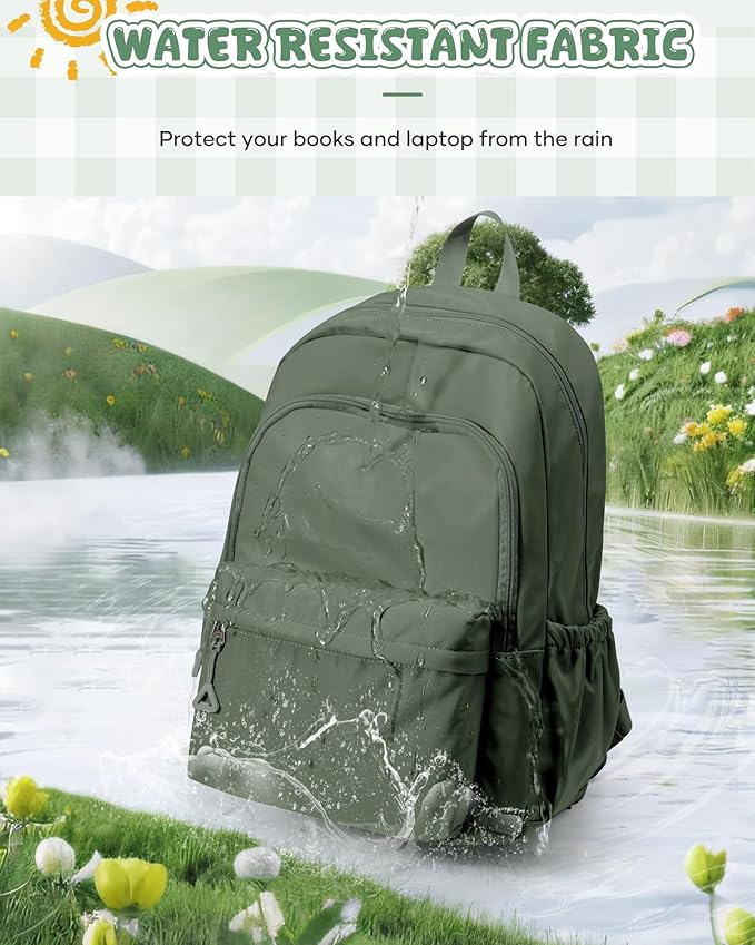 winspansy Backpack for School Teenage Girls Boys,Waterproof Lightweight School Bags Travel Daypack Simple Cute College Backpack Rucksack for Women Men fit 14 Inch Laptop,Army Green