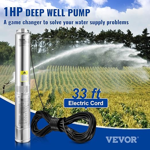 VEVOR Deep Well Submersible Pump, 1HP 115V/60Hz, 37gpm Flow 207ft Head, with 33ft Electric Cord, 4" Stainless Steel Water Pump for Industrial, Irrigation&Home Use, IP68 Waterproof Grade | for Industrial Irrigation & Home Use, 4" Stainless Steel Water P...