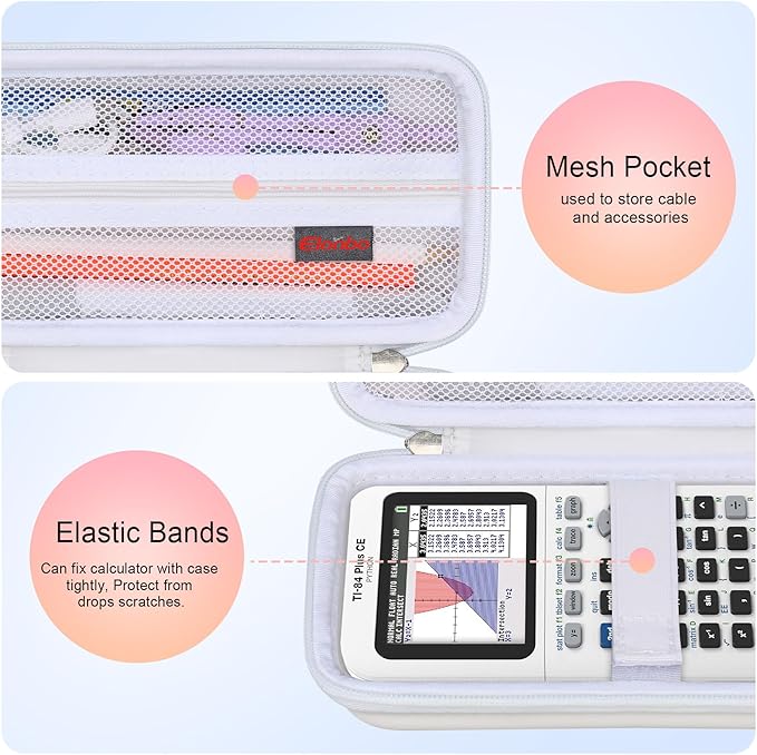 Elonbo Carrying Case for Texas Instruments TI-84 Evo Graphing Calculator, TI-84 Plus CE Evo Graphing Calculator Storage Protective Holder, Extra Mesh Pocket Fits Cable Charger, White