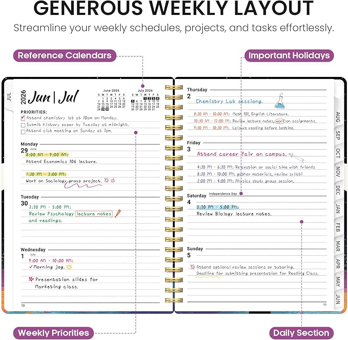 Planner 2026–2027, Academic Monthly Weekly Spiral Calendar, July 2026 – June 2027, Hardcover Agenda Notebook with Tabs, 6.3" x 8.5", Perfect for Students, Teachers, School & Daily Planning - Color Drift