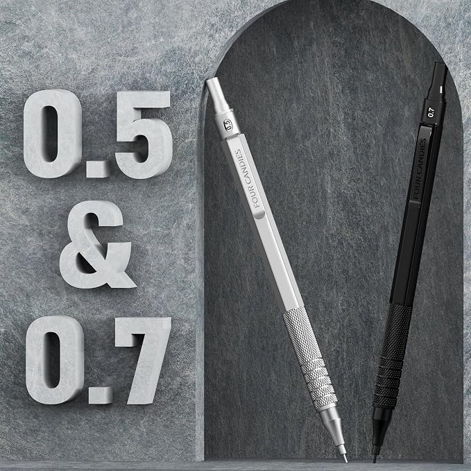 2PCS Metal Mechanical Pencil Set, 0.5mm+0.7mm, Storage Case, Black＆Silver | 360 Lead Refills, 3 Erasers, 9 Eraser Refills, Smooth Writing, Anti Grip, for Sketching, Technical Drawing, Art Projects