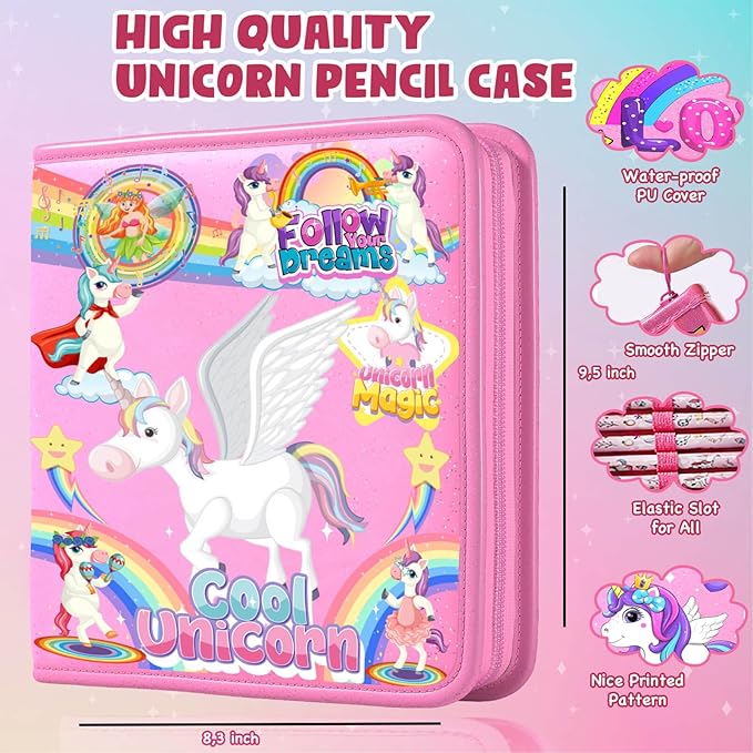 DOKKIA Fruit Scented Coloring Pens Markers Set 65 PCS Art Craft Drawing Case - Washable Kits Pencil,Gel Pen,Crayon&Coloring Book Supplies Pink Unicorn Rainbow