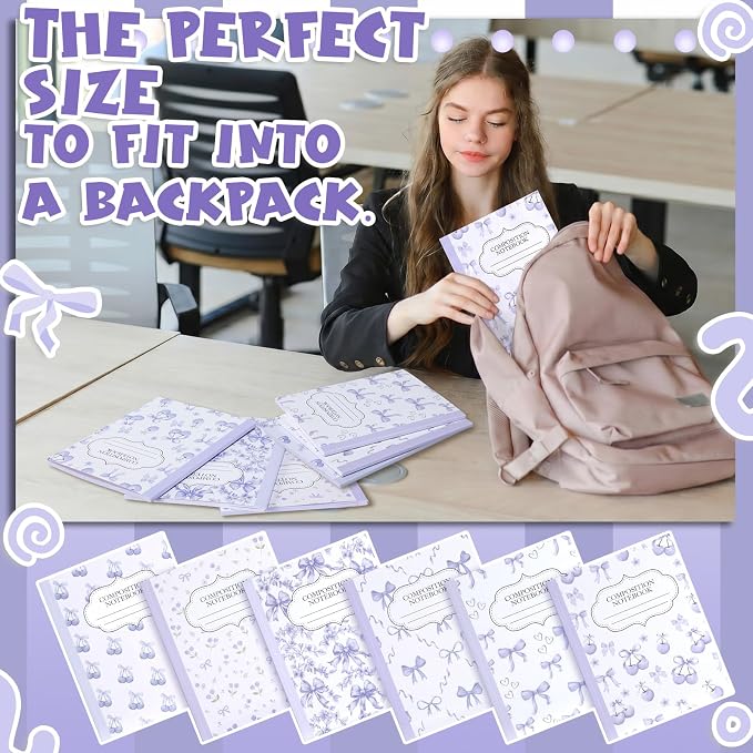 Fullhawl 6 Pack Composition Notebook College Ruled Bulk Purple Cherry Composition Notebook Aesthetic for Back to School 110 Pages 9-3/4 X7-1/2 Cute Lavender Bow Journal for First Day of School