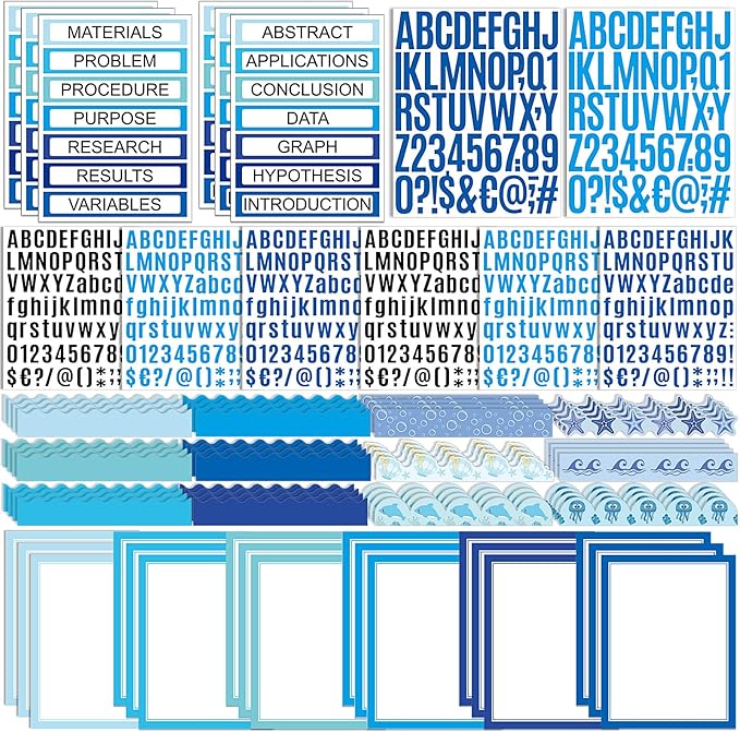 Sinload 92 Pcs Science Fair Board Supplies 60 Trim Scalloped Poster Boards 18 Presentation Subtitles 6 Project Titles 8 Letter Sticker for Classroom Display Boards (Blue,Ocean)