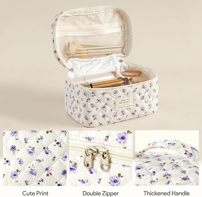 HBselect Quilted Makeup Bag, 3Pcs Cotton Large Travel Makeup Bags Organizer | Cute Floral Make up Bag Cosmetic Bag Toiletry Bag for Women Girls, Makeup Pouch for Skincare, Brushes & Travel Essentials