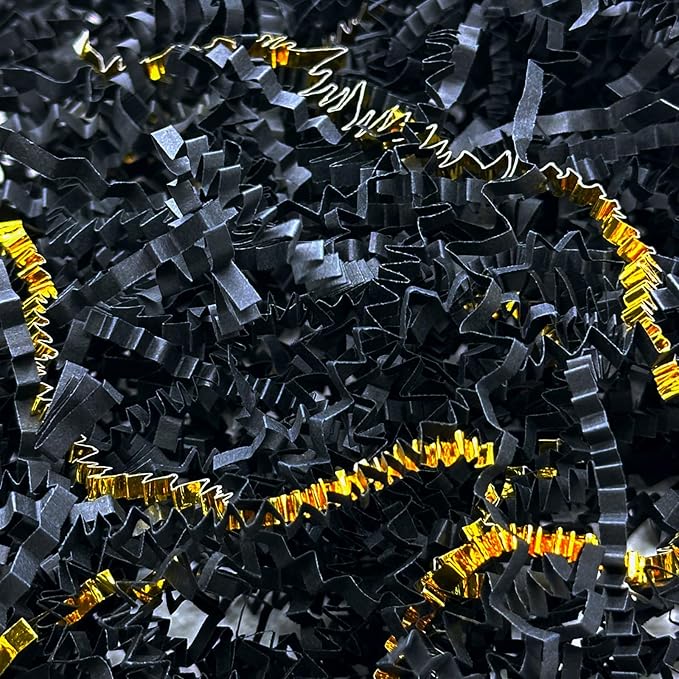 1LB Crinkle Cut Paper Shred Filler for Gift Box Bag and Basket On Holidays(Black&Gold)