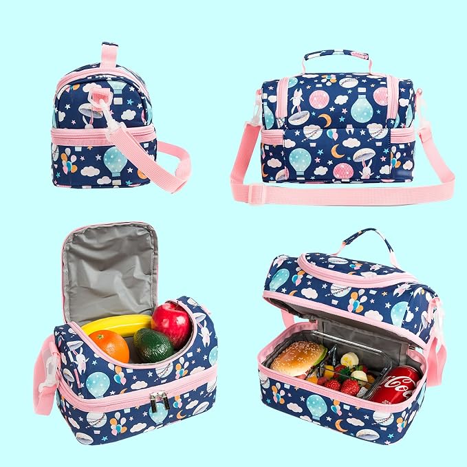 Insulated Kids Dual Compartment Lunch Bags Tote for Girls Boys Toddler Lunch Boxes Pre-School Toddler Kindergarten Picnic Camp Food Cooler Thermal with Strap (Balloon Bunny)