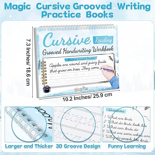 gisgfim Grooved Cursive Handwriting Workbook Magic Reusable Grooved Cursive Handwriting Practice Guided Tracing with Disappearing Ink Pens for Beginners Kids Learning Activities Supplies (Reading)