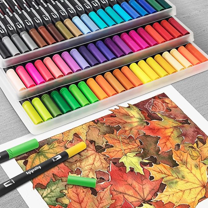 Eglyenlky 60 Coloring Pens for Adult Coloring Books, Dual Tip Brush Pens, Felt Markers with Fine and Brush Watercolor Marker Set for Kid Adult Artist Drawing
