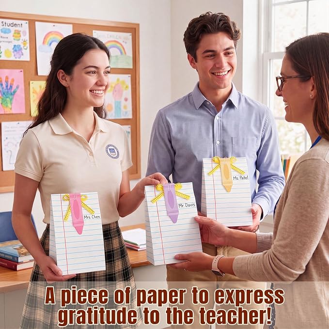 Tinlade 24 Sets Back to School Gift Bags for Teacher Students Lined Notebook Bags with Crayon Cards Ruler Ribbon Paper Clip Composition Book Classroom Decor for First Day of School Supplies Gift Wrap
