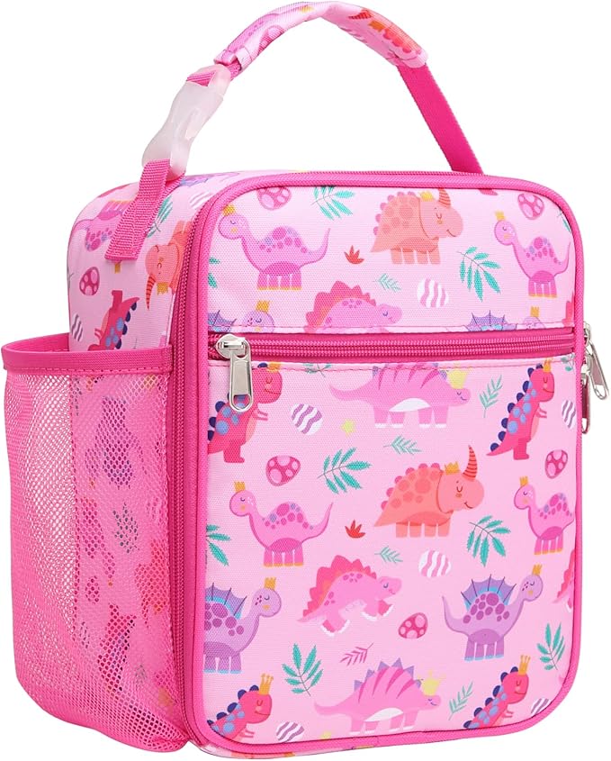 Bagseri Kids Lunch Box for Girls - Insulated Toddler Lunch Bag Fits Bento Box, Reusable Daycare Cooler Tote with Clip Handle, Water-Resistant Lining, Pink Dinosaur