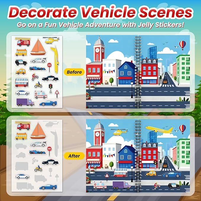 Cars Reusable Sticker Book for Toddlers, DIY Make-a-face Jelly Fun 3D Stickers, Washable Puffy Stickers for Kids Toys, Airplane Road Trip Travel Activities Essentials for Kids 3 4 5 Years