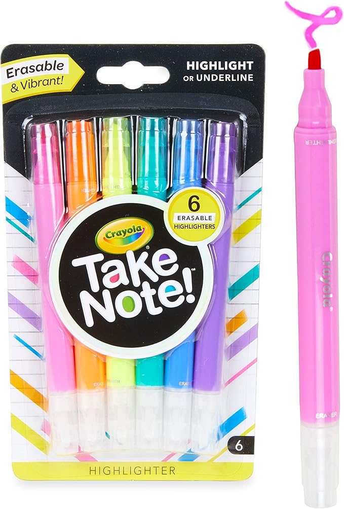 Crayola Take Note Erasable Highlighters (6ct), Teacher Essentials, Cute Aesthetic School Supplies, No Bleed Highlighters, Chisel Tip Marker Set
