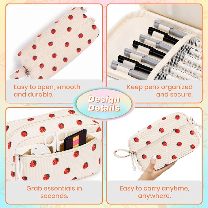 Big Capacity Pencil case,Soft Corduroy Pencil Bag with 3 Compartment,Pencil Pouch School Supplies Cute Pencil Box Pencil Bag for Teen Girls Boys College (Strawberry)