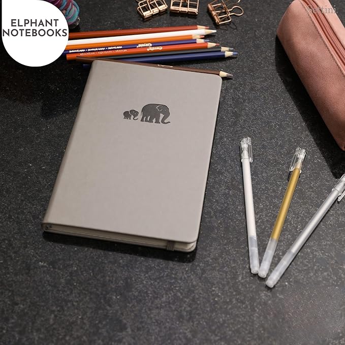 SETTINI Dotted Journal, Ideal for Bullet Journaling - A5 Vegan Leather Notebook, 192 Archival-Quality Pages, QuillEase Bleed-Free Paper, Inner Pocket & Bookmark - Elephant Gifts, Grey Elephants