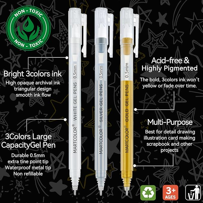 MARTCOLOR Gold Silver White Gel Pens, 0.5mm Extra Fine Point Opaque Archival Ink Pen for Black Paper Drawing, Art Highlight, Illustration, Bullet Journaling, Card Making & DIY Projects, 3 Pack