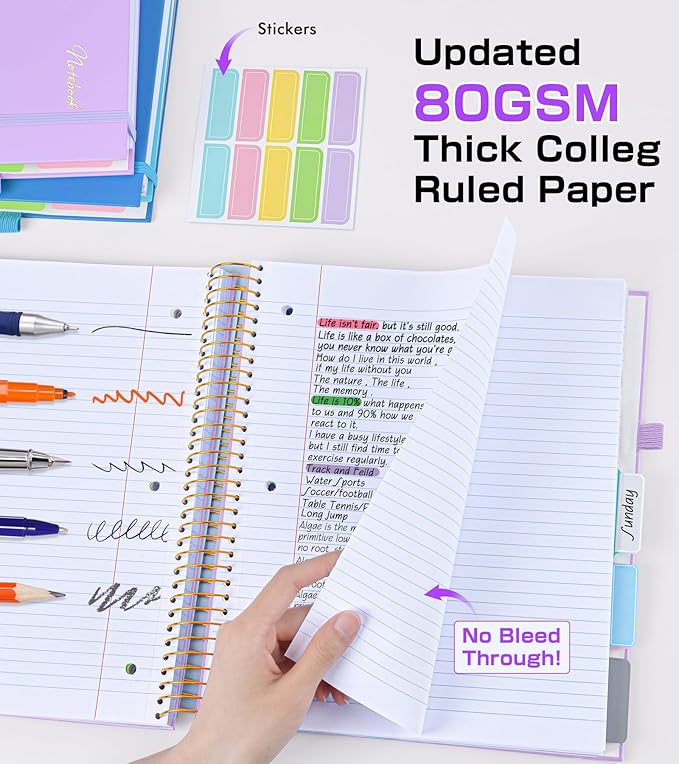 5 Subject Notebook College Ruled,80GSM Paper Thick Hardcover Spiral Notebook Lined Journal with Removable Dividers Tabs,400pages 8.5"x11" Paper Large Notebooks for School Work,3-Hole Punched, Purple