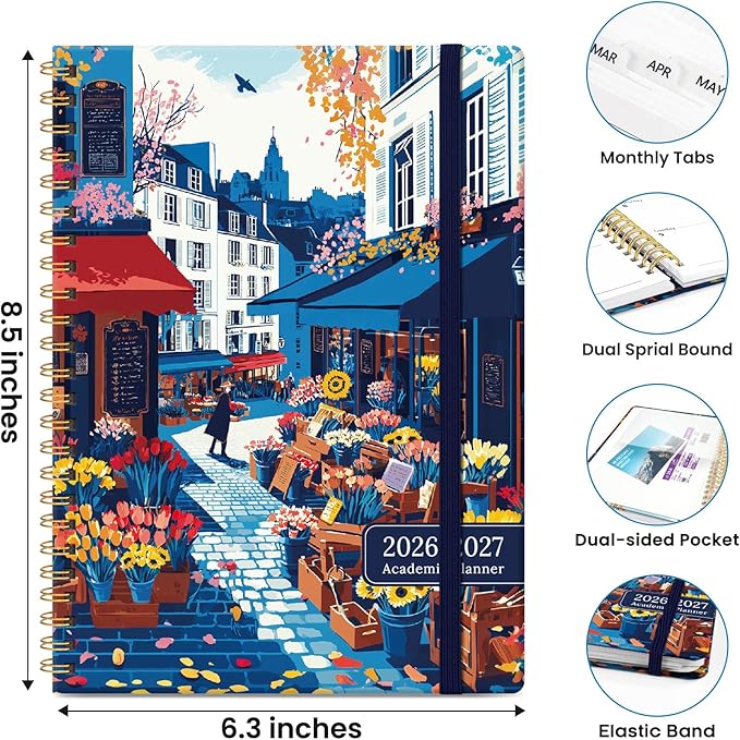Planner 2026-2027, Hardcover Monthly and Weekly Academic Planner July 2026 - June 2027, Teacher and Student Calendar Agenda Book with Tabs, A5 (6.3" x 8.5"), Ideal for School and Office, Floral Street