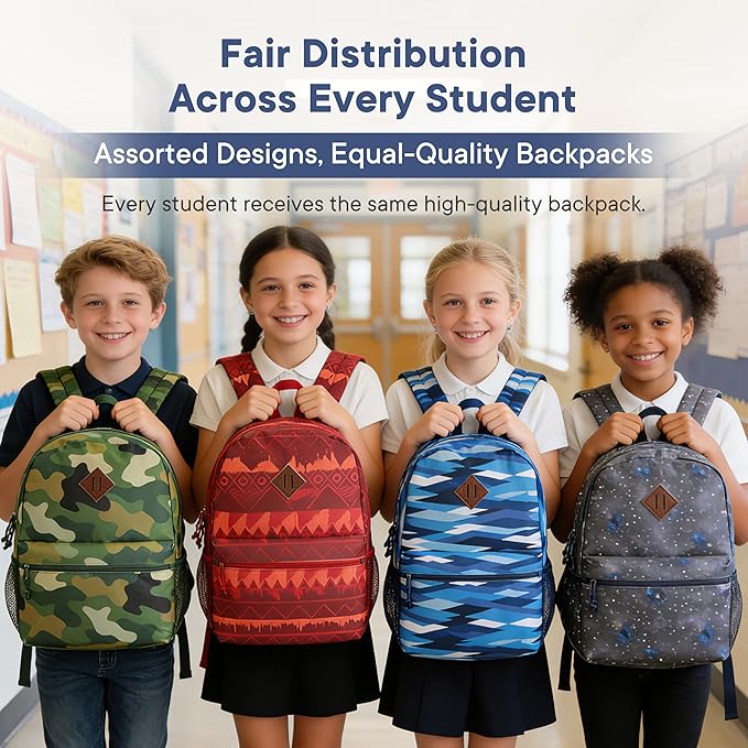 12-Pack 17" Bulk Backpacks for Middle School Students, Bookbags in 6 Assorted Prints, Durable School Backpacks for School Drives, Donations, and Giveaways