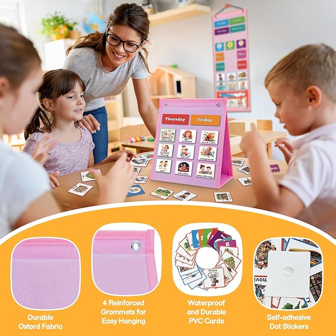 PITCOTT Visual Schedule for Kids Chore Chart，3 in 1 Daily Schedule Board Routine Pocket Chart Cards for Toddlers,Autism Learning Materials Tool Wall Planner for Home School with 103 Cards （Pink）