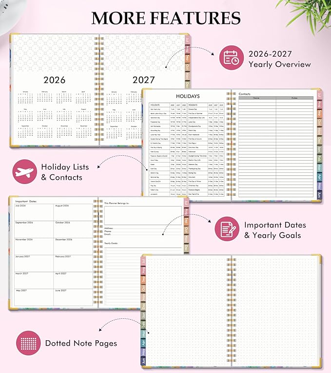 Academic Planner 2026-2027, Hardcover Leather Weekly and Monthly Calendar Planner from July 2026 - June 2027, A5 6.1" x 8.2" Daily Agenda with Tabs, College School Organizer for Student Teacher, Butterflies in the Blooms