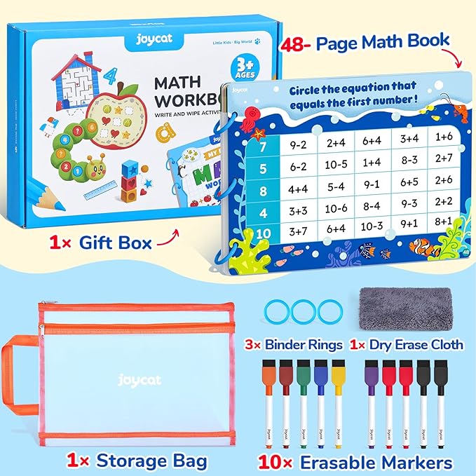 JoyCat Math Busy Book for Toddlers — Reusable Preschool Workbook with 10 Dry-Erase Markers, Number Tracing & Counting Activity Book for Kids Ages 3–8, Kindergarten Learning Activities, Travel-Ready