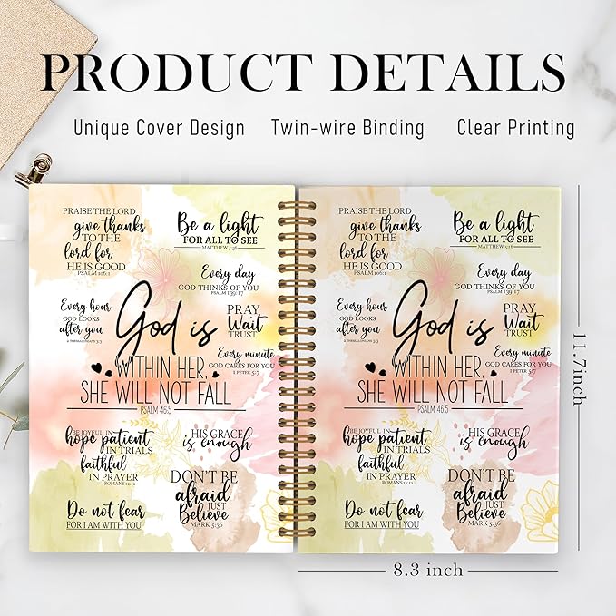 QLMX Christian Gifts for Women Spiral Notebook, God Is Within Her She Will Not Fall A4 Journal Notebook, Bible Verse Notebooks for School Work, Inspirational Religious Office Supplies Gifts, 8.3x11.7