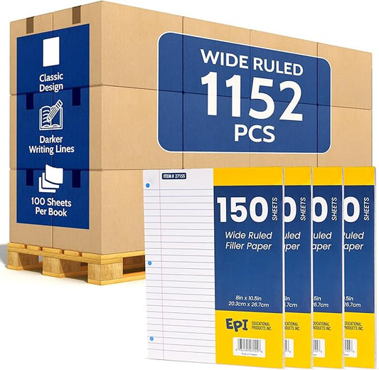 1152 Pack (Pallet) Bulk EPI Filler Paper – College Ruled, 150 Sheets Loose Leaf Paper – 3-Hole Punched for 3 Ring Binder Refill – 10.5 x 8in – Bulk School Supplies, Office and Classroom Lined Pads