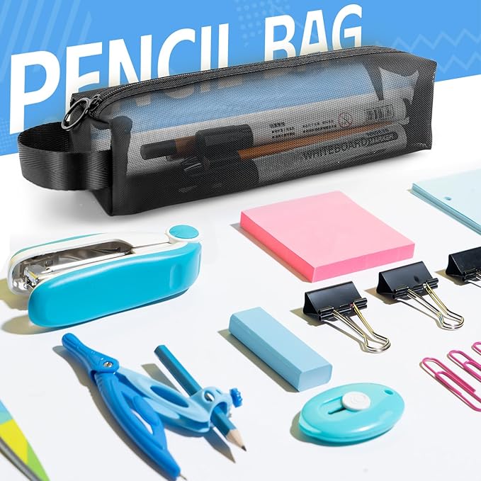 Mesh Pencil Case 3 Pack Clear Pencil Pouch, Pencil Bag, Cosmetic Toiletry Bag for Purse, College Essentials School Supplies (Black)