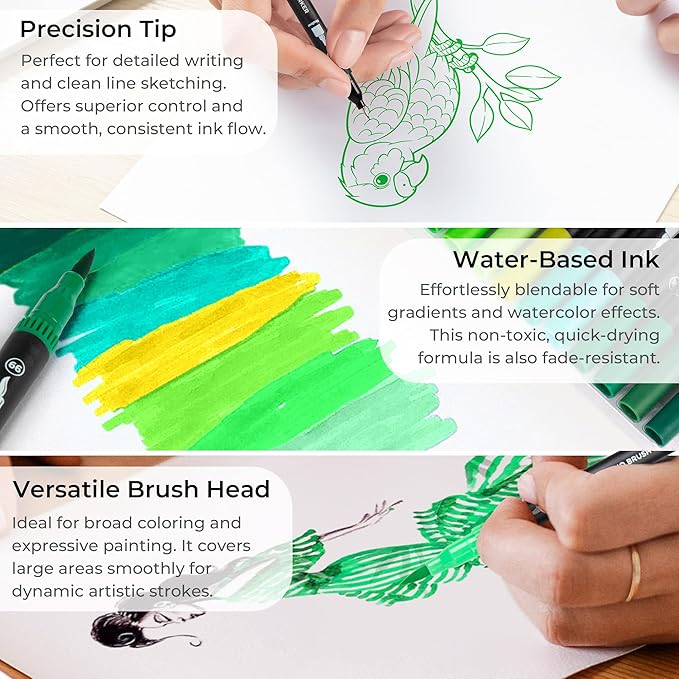 ZSCM Green Duo Tip Marker Pens, 12 Pack Fine & Brush Markers for Adult Coloring Books No Bleeding, Nature Green Markers for Foliage, Landscape Drawings, Botanical Illustrations and Eco Designs