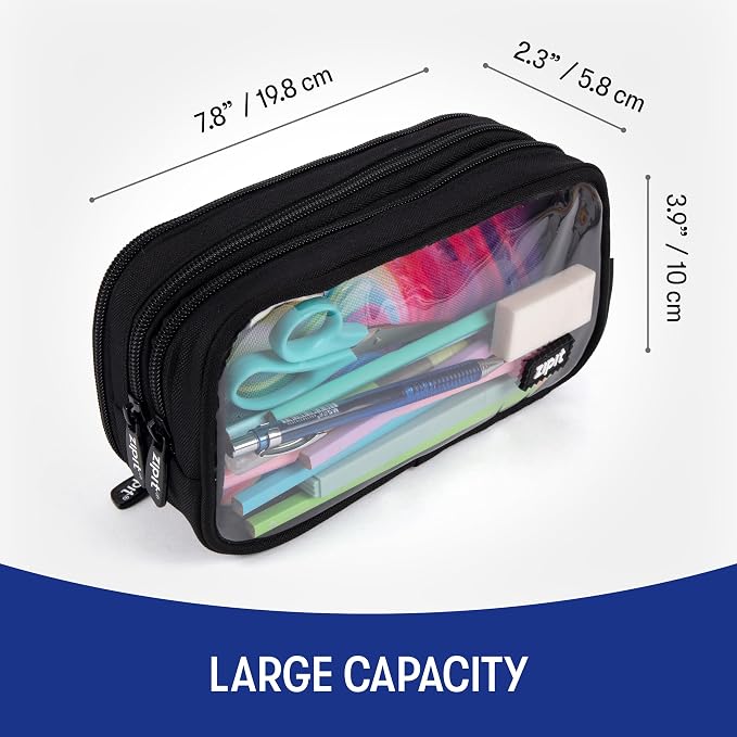 ZIPIT Half & Half Pencil Case, 3-Compartment Aesthetic Zipper Pouch, Black | Clear-front pencil case for school, dedicated organizer panels, holds up to 70 pens & pencils, durable easy-care polyester