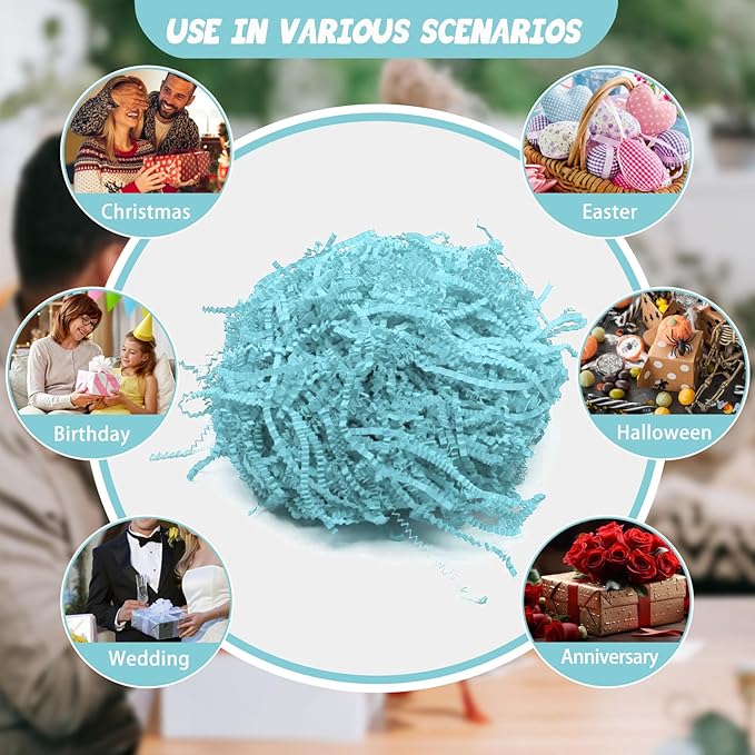 Tisspoms 1LB Aqua Cyan Crinkle Cut Paper Shred Filler, Paper Shreds for Basket Fillers, Birthday, Gift Wrapping, Anniversary, Wedding, Halloween, Thanksgiving, Christmas Gift Decor Party Filler